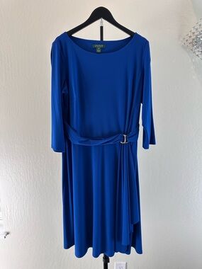 Ralph Lauren Cobalt Blue Jersey Midi Dress with Side Drape and Buckle